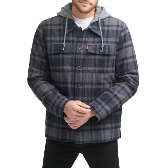 NWT Levis Sherpa Lined Hooded Gray Dark Navy Plaid Mens Flannel Shirt Jacket M